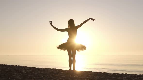 Graceful Young Girl in Ballet Tutu Standing on a Coastline Facing to the Sea