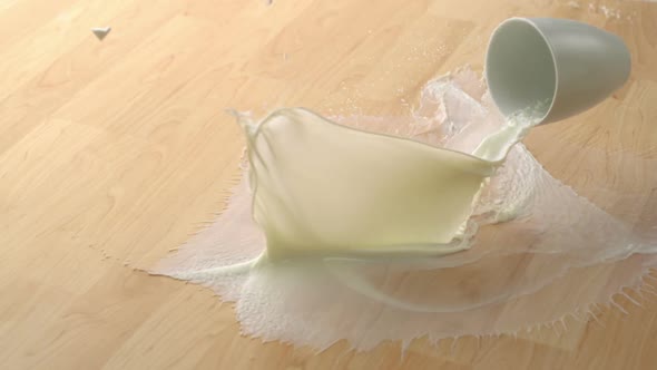 Dropping cup of milk and breaking on wooden floor, Slow Motion alt