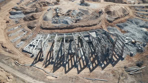 AERIAL: Rubbles of National Stadium in Vilnius with Heavy Machinery Destroying Structure of Stadium