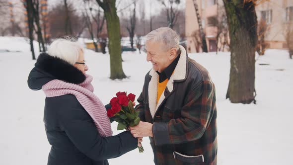 Happy Elderly Man Giving Bouquet of Red Roses To His Wife in the Park Covered in Snow