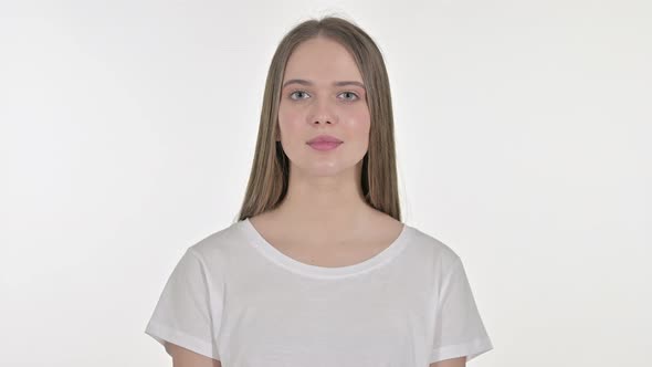 Young Woman Excited for Surprise, White Background