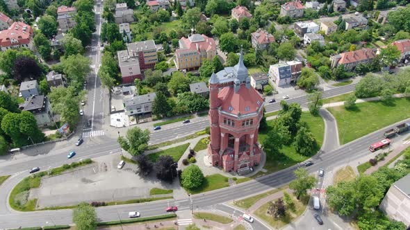 Aerial view of a historic water tower in Wroclaw, Poland