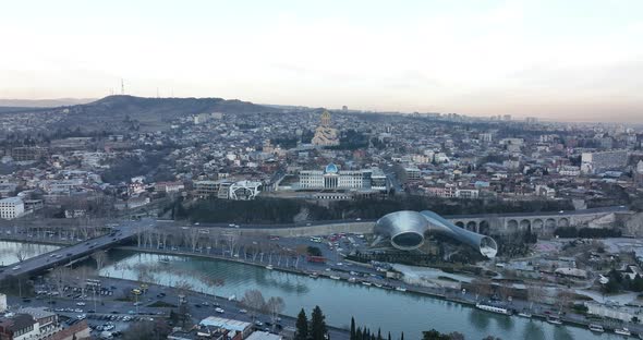 Drone flying over Tbilisi presidential palace, Georgia 2022 winter