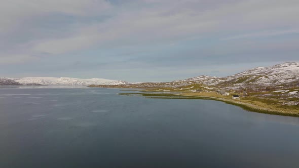 Vast Fjord Sea Landscape With Shore Village In Norway, Aerial