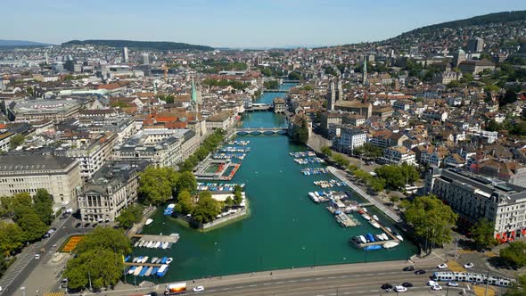 Aerial View Over the City Center of Zurich Switzerland and River Limmat