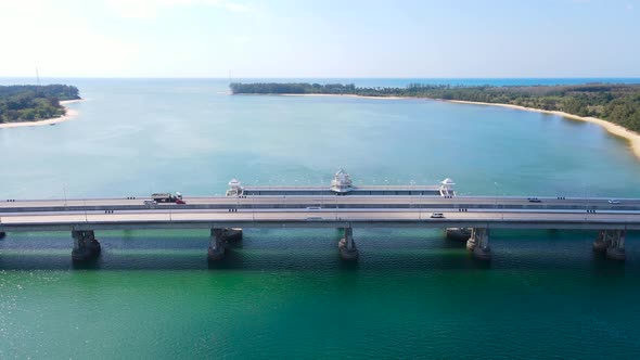 Aerial view top down view Sarasin Phuket Bridge transport over sea. Transport concept.