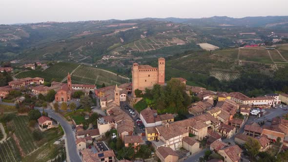 Serralunga d'Alba and Medieval Castle in Langhe, Piedmont Italy Aerial View