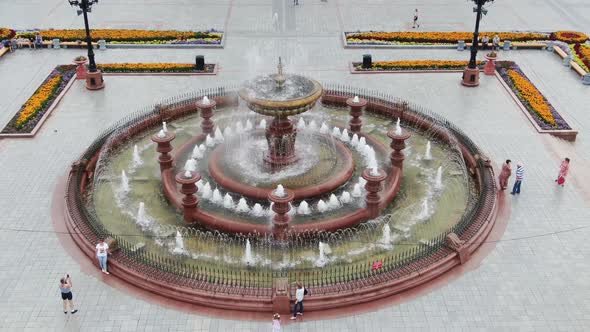 Top Aerial View Over the Fountain on the Square Russia Khabarovsk Lenin Square