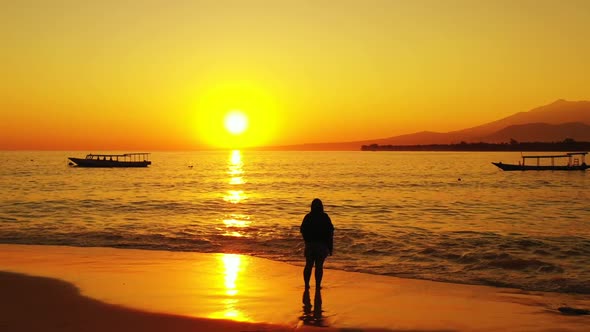 Lady alone sunbathing on tranquil sea view beach holiday by shallow sea and white sand background of