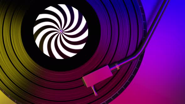 Vinyl Turntable View Top Rotating with Blue, Violet and Yellow Colors Background