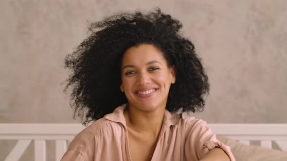 Portrait Cute African American Woman Smiles Dreamily