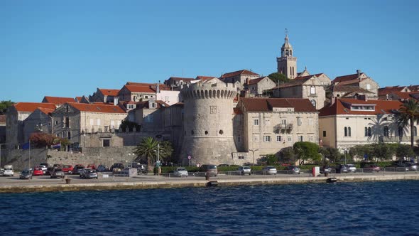 Coastal Town With A Fortress At Korcula Island In Croatia. POV