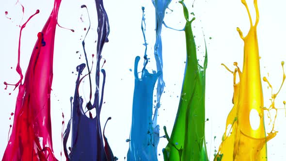 Colorful Paint Splashes in Super Slow Motion Isolated on White Background 1000Fps