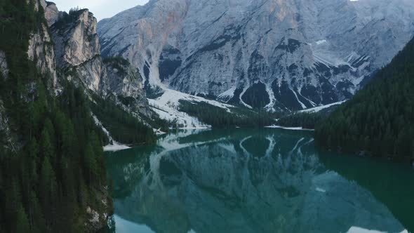 Aerial View of Lake Braies in Dolomites Mountains Water Reflections