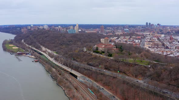 Aerial panoramic view over Hudson River Greenway and Cloisters at Fort Tryon Park, New York