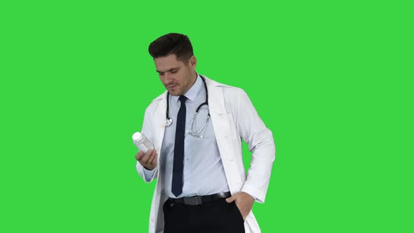 Pharmacist Man Looking Camera Posing and Showing White Bottle Recipient New Medicine