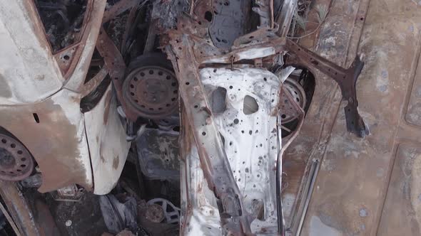 Vertical Video of a Dump of Destroyed Cars During the War in Ukraine