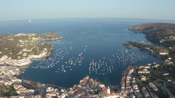 Drone Shot of Blue Bay with Yachts Near Cadaques