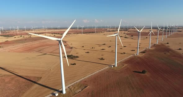 aerial view of a eolic wind mill park in countryside