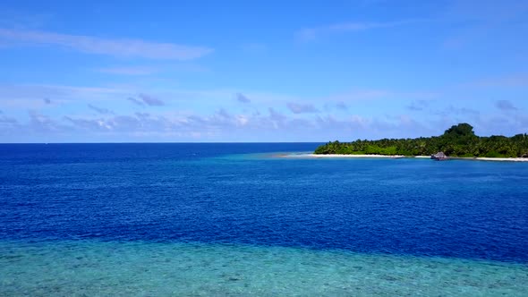 Aerial drone scenery of tropical shore beach trip by sea with sand background