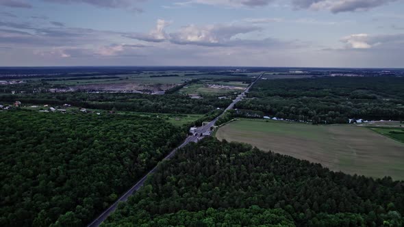 Aerial Top View Over Straight Road With Cars