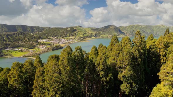 Flying Over Lagoa Das Sete Cidades, Azores Islands. Aerial View of Lakes and Town on Sao Miguel