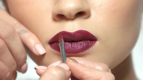 Brush Applying Dark Red Lipstick