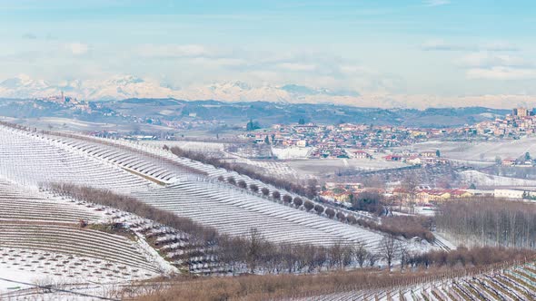 Pan: Italy Piedmont Barolo wine yards unique landscape winter snow