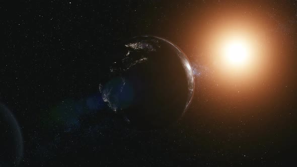 Rotate Planet Earth Zoom in Sun Beam Illuminate
