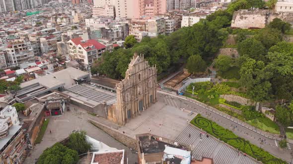 Rotating aerial view of famous Ruins of Saint Paul's, Macau
