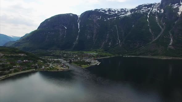 Panning around the fjord in Norway, aerial footage.