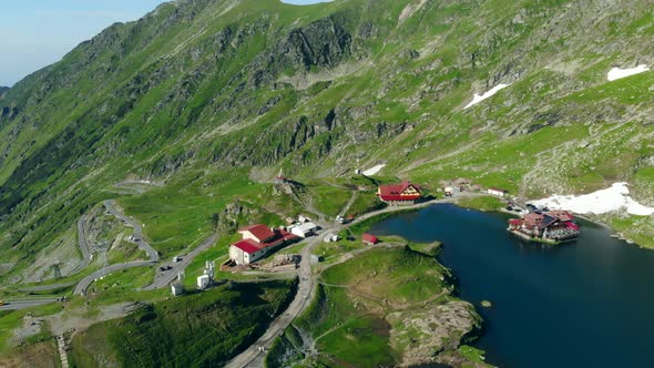 Aerial View Lake Balea on Transfagaras Pass in Carpathian Mountains Romania