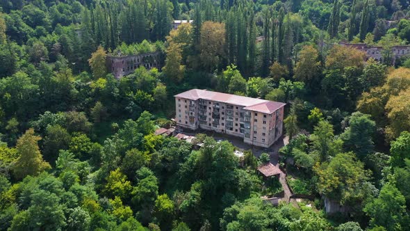 Ruined Lost Overgrown Mining Ghost Town Akarmara Consequences of War in Abkhazia Aerial View From