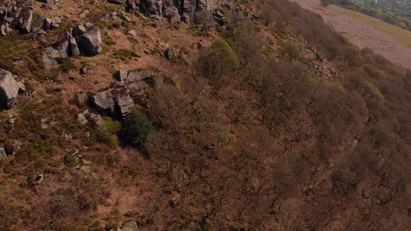 Drone travelling away from Bamford Edge Whilst panning up revealing Bamford Edge Aerial Shot in the