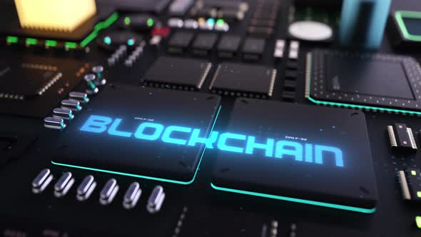 blockchain header on the background of a chip with many processes. 