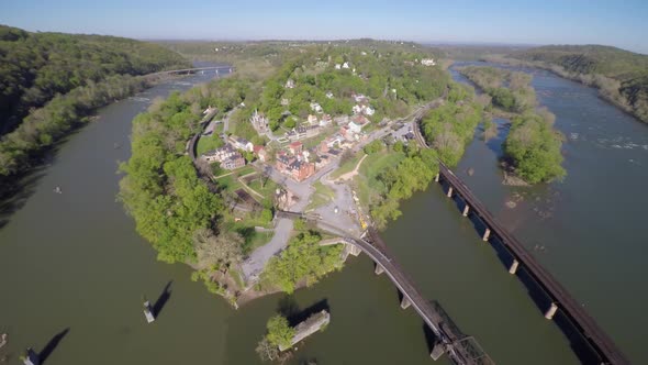 Aerial views of historic Harpers Ferry National Park in Harpers Ferry, West Virginia. Camera pulling