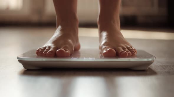 Overweight Woman On Scales Measure Weight.Step On Bathroom Scale.Diet Woman Standing Weighing Scales