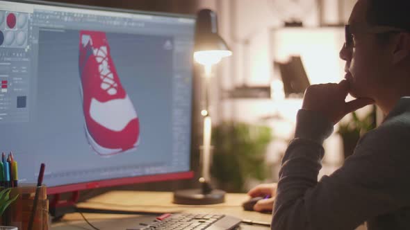 Close Up Of Asian Male Footwear Designer Thinking While Designing Shoe On A Desktop At Home