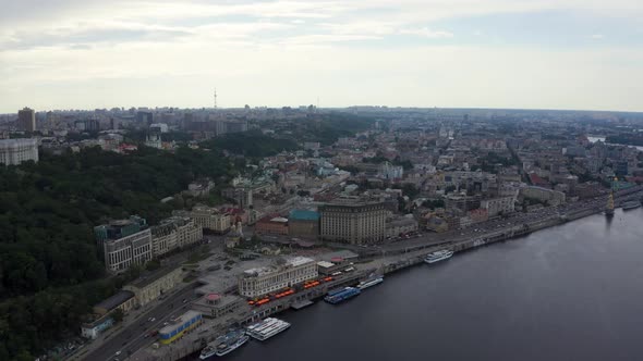 Aerial Top View of Kiev Pedestrian Bridge From Above Kyiv Skyline