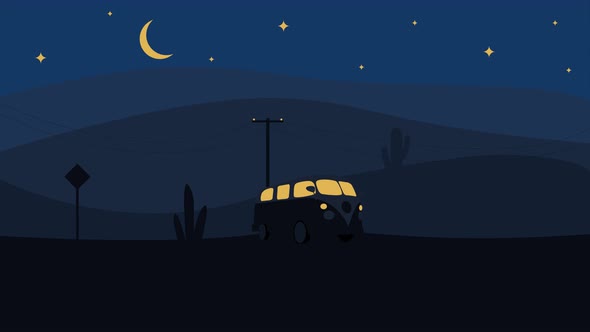 Animation of retro car driving on countryside road at night with moon and stars shining