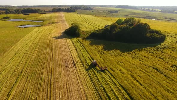 The tractor is stacking haystacks on an agricultural field in autumn, aerial view