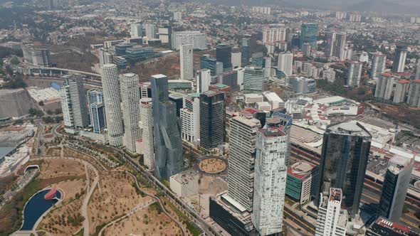 High Angle View of Modern Skyscrapers in Modern Santa Fe City Part From Flying Drone