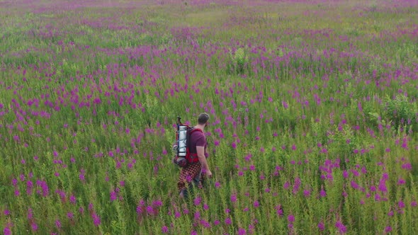 A Tourist with a Backpack Walks Along an Alpine Meadow. Aerial View.