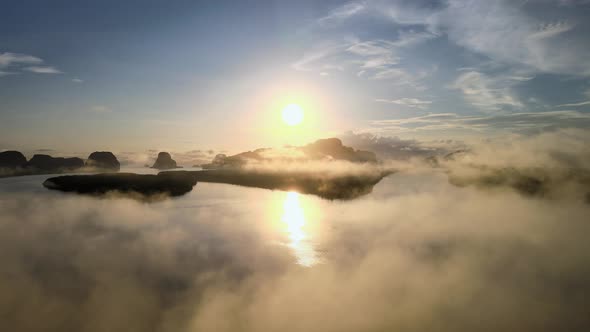 Aerial view in perspective of sunset sunrise. Over river and misty cloud in river mountain and sky