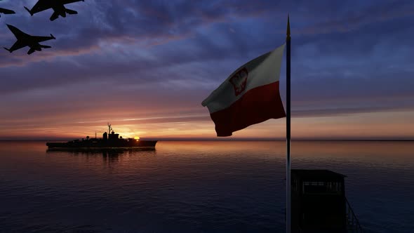 Waving Polish Flag Warship and Passing Warplanes