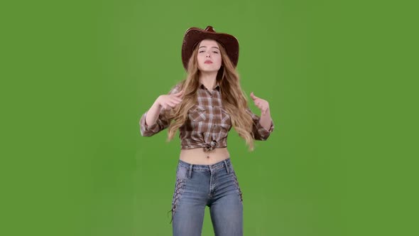 Cowboy Girl Dances Energetic Dances and Sings. Green Screen. Slow Motion