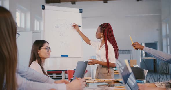 Young Professional Positive African American Business Woman Giving Directions To Partners in Modern