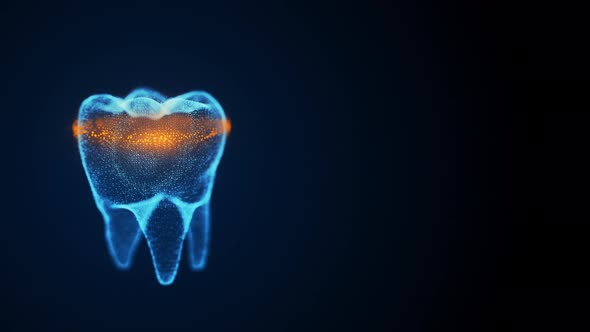 Isolated Rotating Tooth Costructed with Glowing Points and Orange Scanning Line Analyze Dental