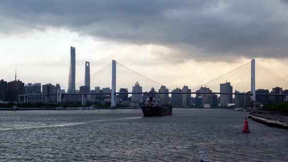 Chinese Vessels Under Shanghai Nanpu Bridge Timelapse