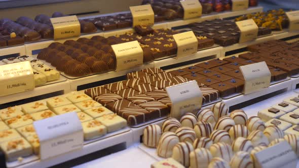 Chocolate Pralines Displayed in a Chocolate Atelier